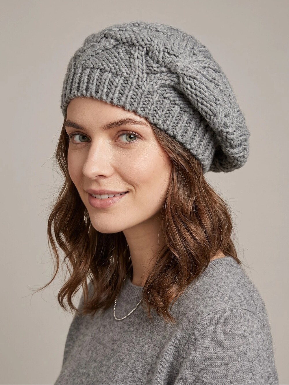 Nwt Caslon Floral Cable Knit French Beret Warm Fall Winter Slouch Hat, Grey